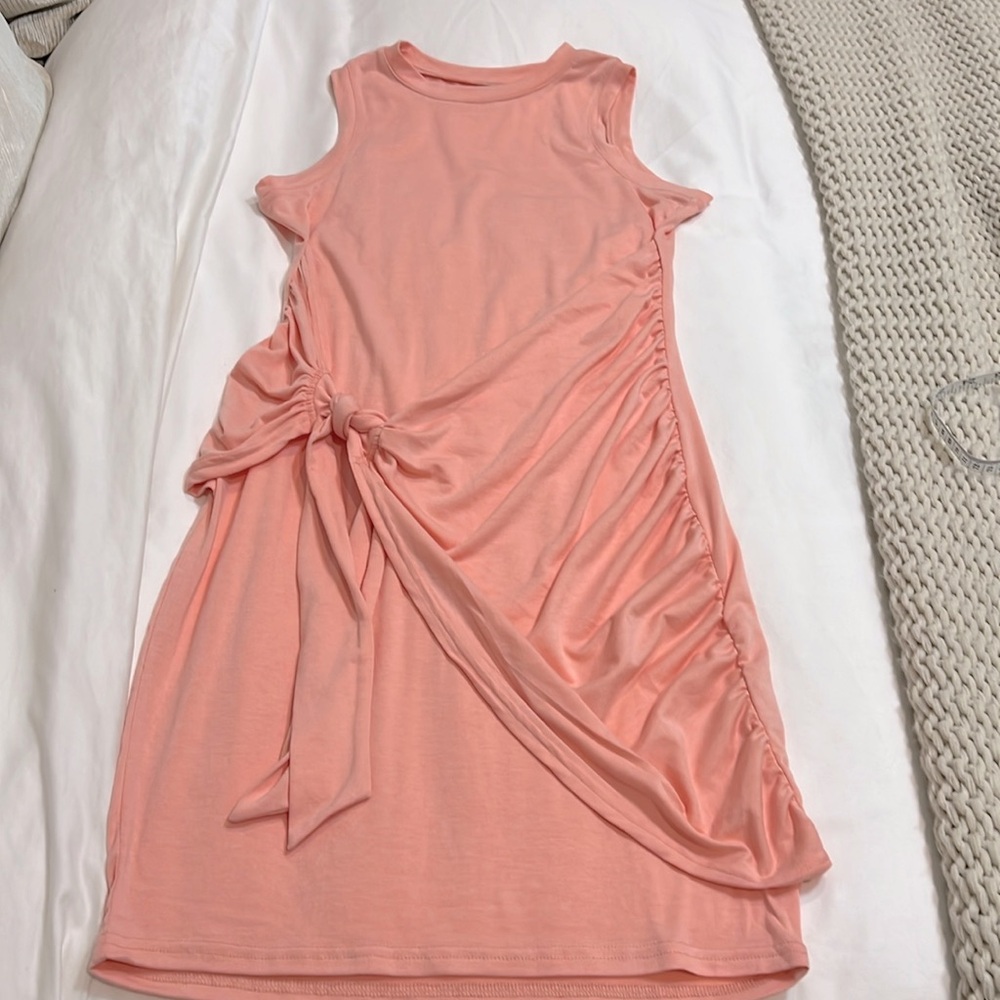 OWIN Sleeveless Crewneck Bodycon Ruched Tie Waist Mini Dresses Peach Medium
